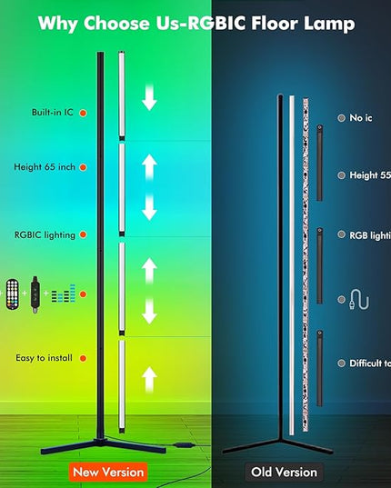 Corner Floor Lamp, 65” LED Smart Modern Music Sync Color Changing RGB Floor Lamp with Remote & App Control for Bedroom, Corner Lamp with 16 Million DIY Modes, Timer Setting for Gaming Room - LeafyLoom