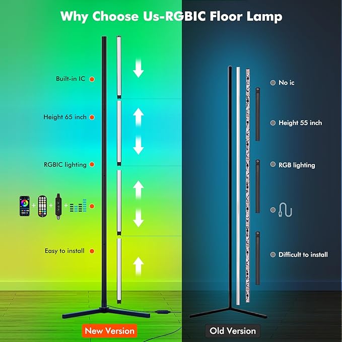 Corner Floor Lamp, 65” LED Smart Modern Music Sync Color Changing RGB Floor Lamp with Remote & App Control for Bedroom, Corner Lamp with 16 Million DIY Modes, Timer Setting for Gaming Room - LeafyLoom
