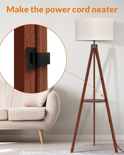 LEPOWER Tripod Floor Lamp, Mid Century Wood Standing Lamp, Modern Design Shelf Floor Lamp for Living Room, Bedroom, Office, Flaxen Lamp Shade with E26 Lamp Base Brown - LeafyLoom