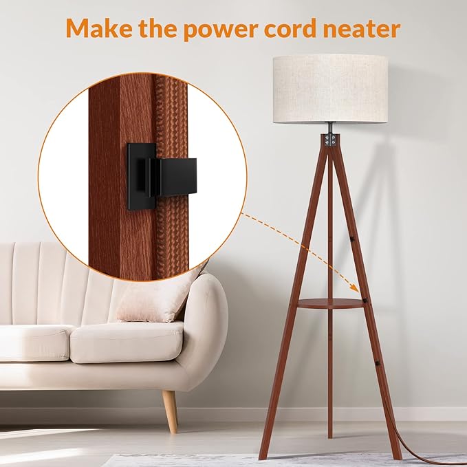 LEPOWER Tripod Floor Lamp, Mid Century Wood Standing Lamp, Modern Design Shelf Floor Lamp for Living Room, Bedroom, Office, Flaxen Lamp Shade with E26 Lamp Base Brown - LeafyLoom