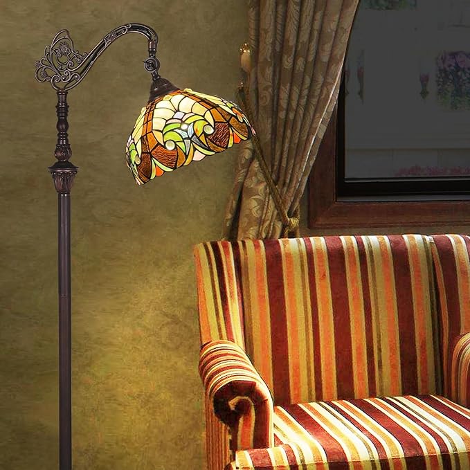 Tiffany Reading Floor Lamp,Stained Glass Gooseneck Floor Light for Reading,Antique Style Arched Tall Standing Lamp for Living Room Bedroom and Office - LeafyLoom