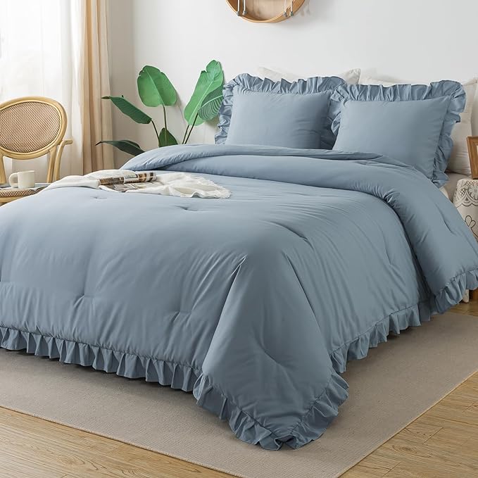 Andency Grayish Blue King Comforter Set(104x90Inch), 3 Pieces Lightweight Winter Summer Warm Fluffy Bedding Comforter Set, All Season Microfiber Shabby Chic(1 Ruffle Comforter and 2 Pillowcases) - LeafyLoom