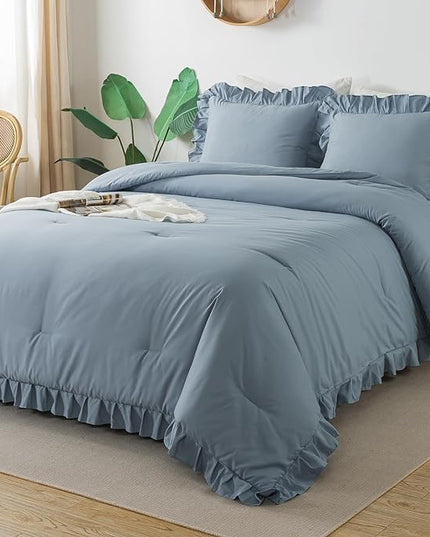 Andency California King Comforter Sets Grayish Blue (104x96Inch), 3 Pieces Cal King Ruffle Comforter, Oversized Farmhouse Shabby Chic Bed Comforter, Lightweight and Soft Microfiber Bedding Set - LeafyLoom