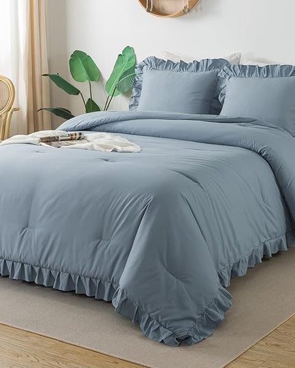 Andency Grayish Blue Twin Size Comforter(66x90Inch), 2 Pieces(1 Ruffle Comforter and 1 Pillowcase) Solid Farmhouse Shabby Chic Comforter, Lightweight and Soft Microfiber Bedding Set for All Season - LeafyLoom