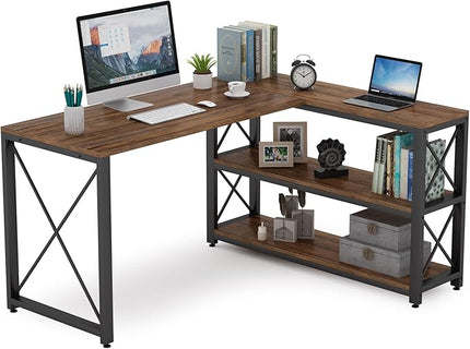 Tribesigns Reversible Industrial L-Shaped Desk with Storage Shelves, Corner Computer Desk PC Laptop Study Table Workstation for Home Office Small Space (Brown, 53") - LeafyLoom