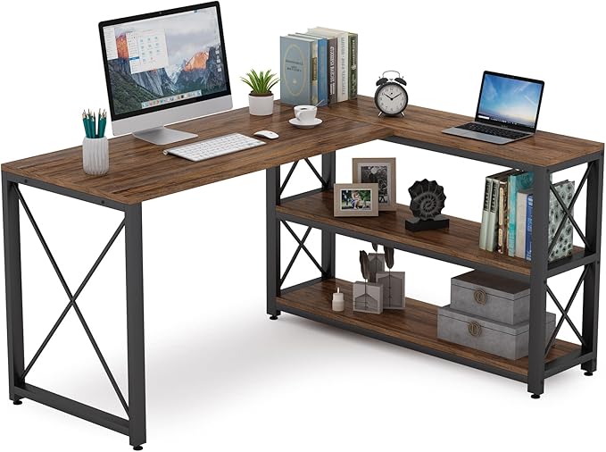 Tribesigns Reversible Industrial L-Shaped Desk with Storage Shelves, Corner Computer Desk PC Laptop Study Table Workstation for Home Office Small Space (Brown, 53") - LeafyLoom
