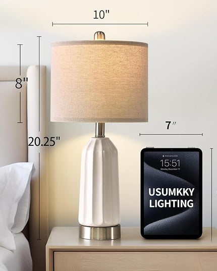 20.25" - Modern Ceramic Bedside Lamp with USB C+A Charging Ports, Table Lamp for Living Room, Bedroom, Nightstand Lamp, Farmhouse Table Lamp (White)-Single - LeafyLoom