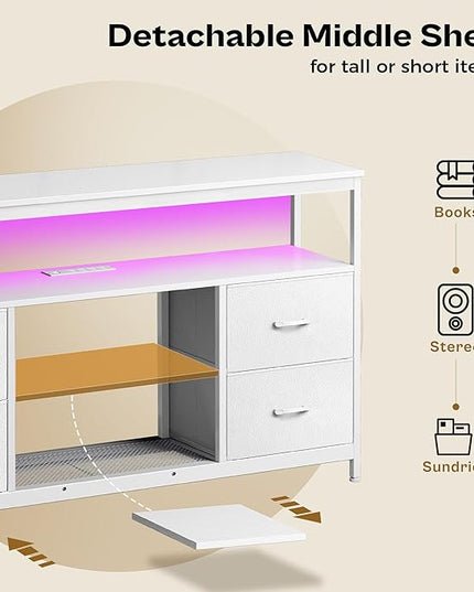 TV Stand Dresser with Power Outlets and LED Lights, 4 Drawers Entertainment Center with Shelves, 54 Inch Media Console for 55 60 Inch TV, 4 AC Outlets, 2 USBs, Dresser with PU Finish, White - LeafyLoom