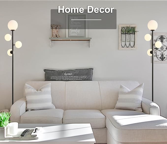 4 Globe Modern Floor Lamp, Mid Century Contemporary Black Standing Lamp with Frosted Orb Glass Shade & Warm White LED Bulbs, Tall Tree Lamp for Living Room, Bedroom, Office, Hotel - LeafyLoom