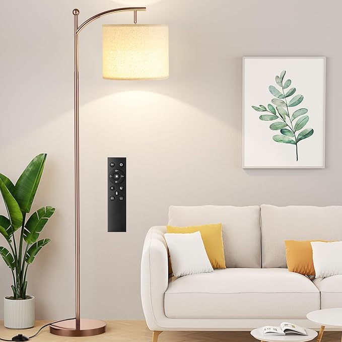 Ambimall Floor Lamp with Remote Control and Stepless Dimmable Bulb, Colors Temperature & Brightness Adjustable, Modern Floor Lamps for Living Room（Dark Beige Shade & Brown Pole） - LeafyLoom