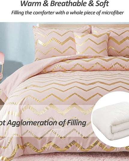 Pink Comforter Set Queen Size, Metallic Blush and Rose Gold Bedding Set, 4 Piece Lightweight Microfiber Bed Set for Teen Girls Women (2 Pillow Shams + 1 Decorative Pillow Sham) - LeafyLoom