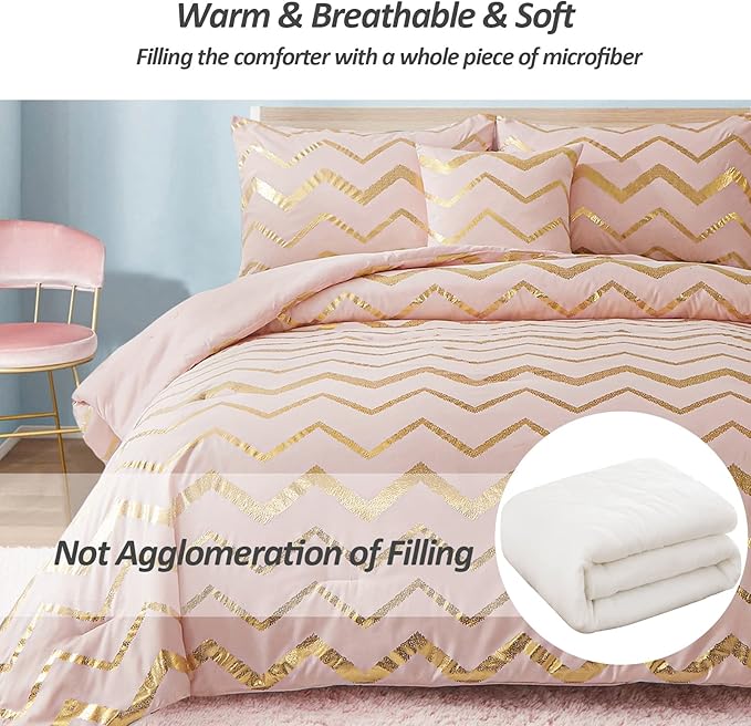 Pink Comforter Set King Size, Metallic Blush and Rose Gold Bedding Set, 4 Piece Lightweight Microfiber Comforter for Teen Girls Women (2 Pillow Shams + 1 Decorative Pillow Sham) - LeafyLoom