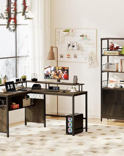 Industrial Home Office Desk with Storage, L Shaped Desk with Power Outlet, Reversible Computer Desk with Monitor Stand, Corner Gaming Desk with Led Lights (Walnut Brown) - LeafyLoom