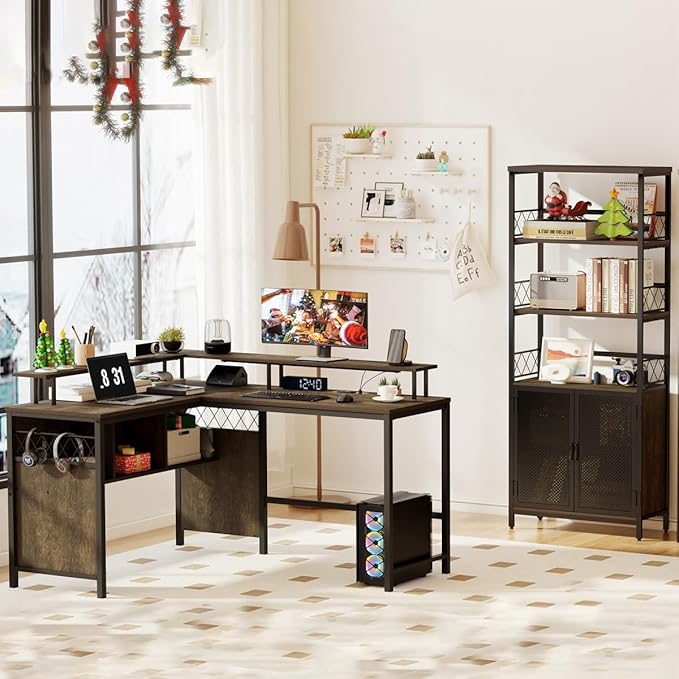 Industrial Home Office Desk with Storage, L Shaped Desk with Power Outlet, Reversible Computer Desk with Monitor Stand, Corner Gaming Desk with Led Lights (Walnut Brown) - LeafyLoom