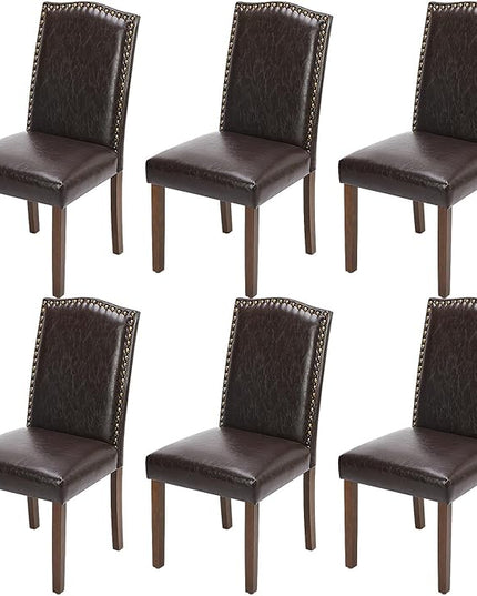 MCQ Upholstered Dining Chairs Set of 6, Modern Upholstered Leather Dining Room Chair with Nailhead Trim and Wood Legs, Mid-Century Accent Dinner Chair for Living Room, Kitchen, Dark Brown - LeafyLoom