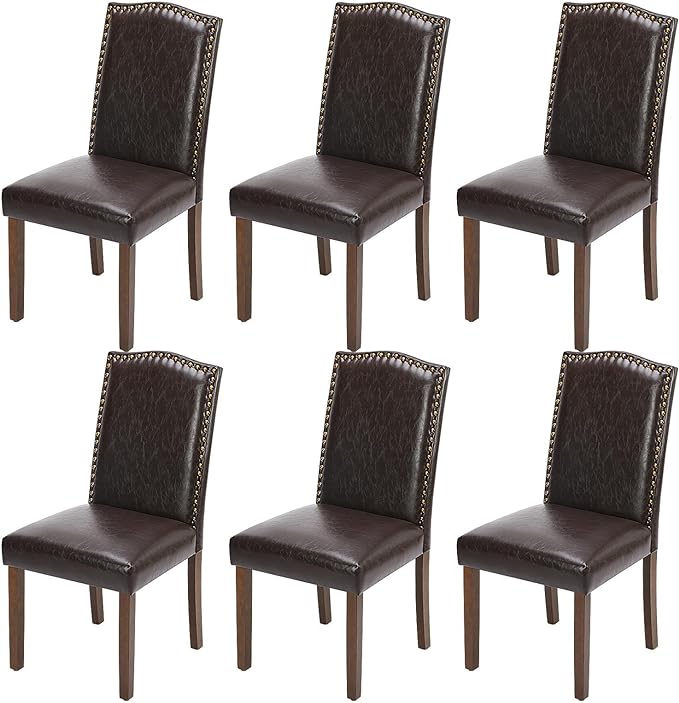 MCQ Upholstered Dining Chairs Set of 6, Modern Upholstered Leather Dining Room Chair with Nailhead Trim and Wood Legs, Mid-Century Accent Dinner Chair for Living Room, Kitchen, Dark Brown - LeafyLoom