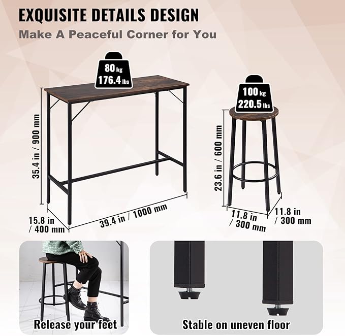 VEVOR Bar Table and Chairs Set 39" Pub Table Set with 2 Bar Stools Kitchen Dining Table and Chairs Set for 2 Iron Frame Counter Height Dining Sets for Home, Kitchen, Living Room - LeafyLoom