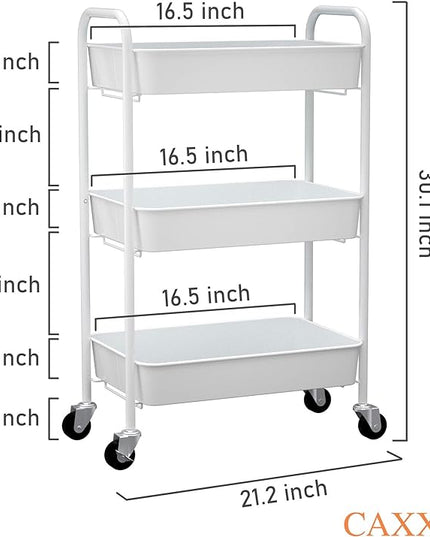 CAXXA 3-Tier Rolling Metal Storage Organizer - Mobile Utility Cart Kitchen Cart with Caster Wheels, White - LeafyLoom