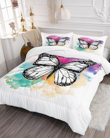 CVHOUSE Butterfly Bedding Set,Butterfly Comforter Full,Butterfly Comforter Set for Girls Kids Teens,Butterflies Quilt Set with 1 Comforter and 2 Pillow Cases- 3 Piece - LeafyLoom