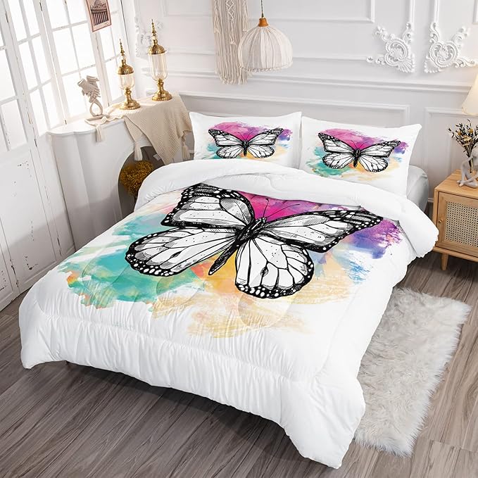 CVHOUSE Butterfly Bedding Set,Butterfly Comforter Full,Butterfly Comforter Set for Girls Kids Teens,Butterflies Quilt Set with 1 Comforter and 2 Pillow Cases- 3 Piece - LeafyLoom