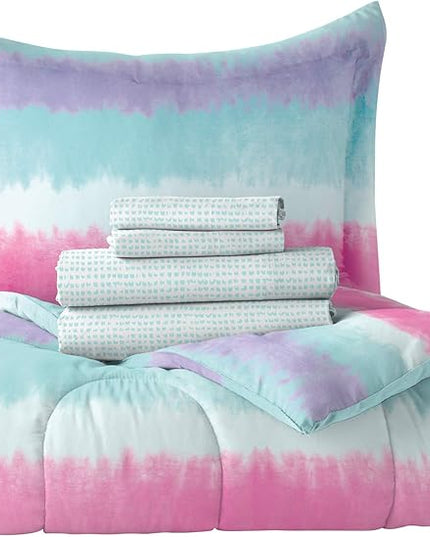 dream FACTORY Kids 7-Piece Complete Set Easy-Wash Super Soft Microfiber Comforter Bedding, Full, Purple Multi Tie Dye Stripe - LeafyLoom