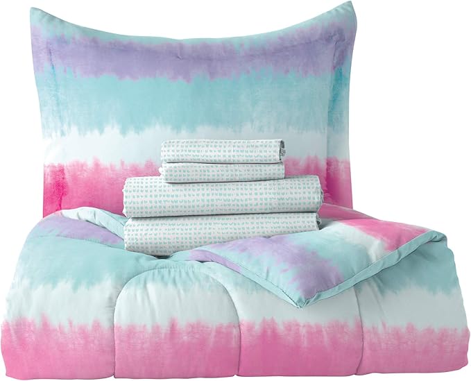 dream FACTORY Kids 7-Piece Complete Set Easy-Wash Super Soft Microfiber Comforter Bedding, Full, Purple Multi Tie Dye Stripe - LeafyLoom