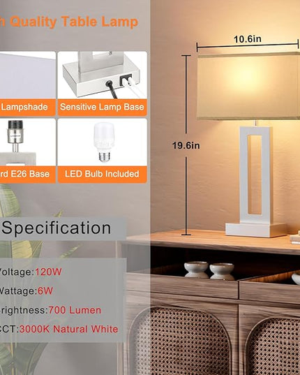 Nightstand Table Lamps for Bedrooms Set of 2 - Touch Bedside Lamp with USB C+A, 3 Way Dimmable Living Room Lamps for End Tables Set of 2, Modern Night Stand Lamps for Bed Side(Grey&Silver) - LeafyLoom