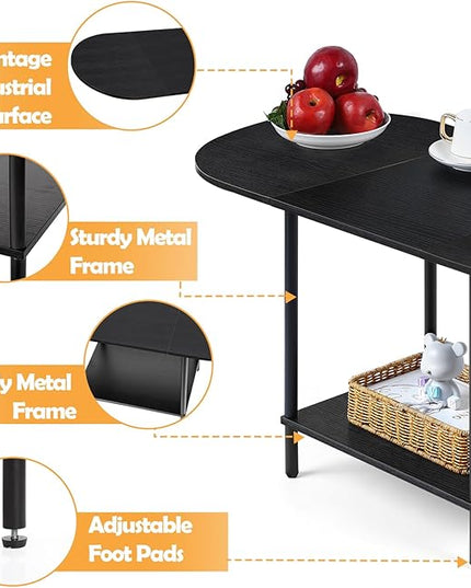 Coffee Tables for Living Room,2-Tier Small Coffee Table Industrial Modern Black Coffee Table with Storage Shelf and Wood Tabletop for Small Space,Home Office - LeafyLoom
