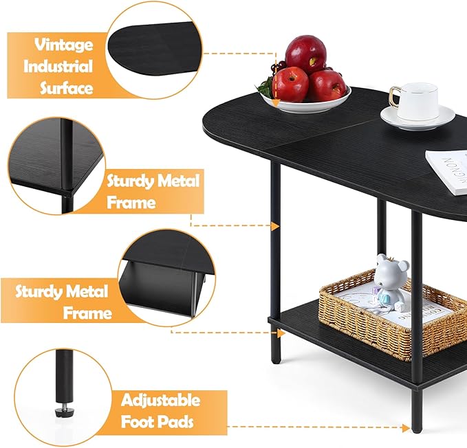 Coffee Tables for Living Room,2-Tier Small Coffee Table Industrial Modern Black Coffee Table with Storage Shelf and Wood Tabletop for Small Space,Home Office - LeafyLoom