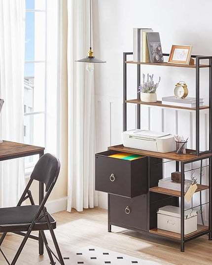 HOOBRO File Cabinet, Filing Cabinet with Charging Station, office cabinet with Bookshelf and Open Storage Shelf, for Home Office, A4/Letter Size, Nonwovens Drawer, Black and Rustic Brown BFK70UWJ01 - LeafyLoom