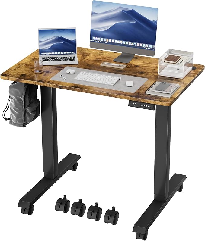 Electric Standing Desk 40 Inch, Ergonomic Height Adjustable Table with T-Shaped Metal Bracket Modern Computer Workstations for Home Office, Rustic Brown, 40 x 24 Inch - LeafyLoom