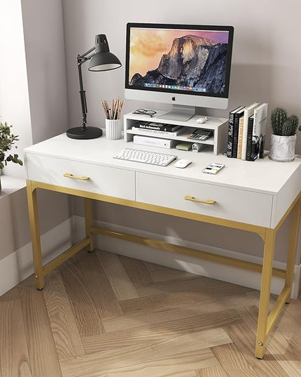 WESTREE Women Makeup Vanity Desk with 2 Drawers - Bedroom Home Office Desk, Wooden Height Monitor Stand & Storage Shelf without Mirror, White Table Great Gift for Her - LeafyLoom