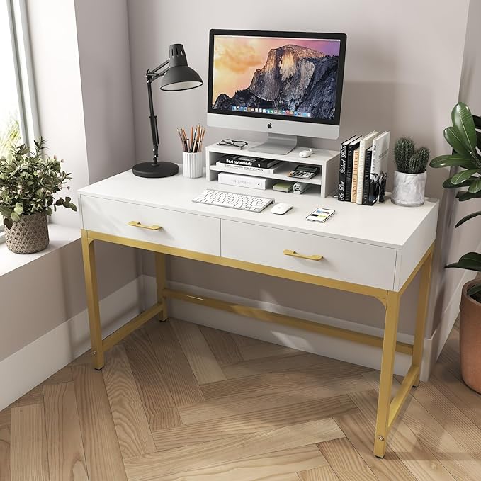 WESTREE Women Makeup Vanity Desk with 2 Drawers - Bedroom Home Office Desk, Wooden Height Monitor Stand & Storage Shelf without Mirror, White Table Great Gift for Her - LeafyLoom