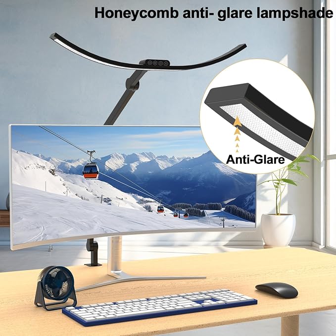 Architect Desk Lamp with Clamp, 1500LM Bright Curved 24W Led Desk Light for Home Office, Adjustable Clip On Rotating Office lamp Tall Dimmable Overhead Table Light for Computer Drafting - LeafyLoom
