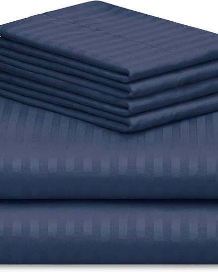LuxClub 6 PC Cal King Size Sheet Set Bed Sheets, Breathable Luxury Bed Sheets, Deep Pockets 18" Wrinkle Free Cooling Bed Sheets Machine Washable Hotel Bedding (Cal King, Striped Navy) - LeafyLoom