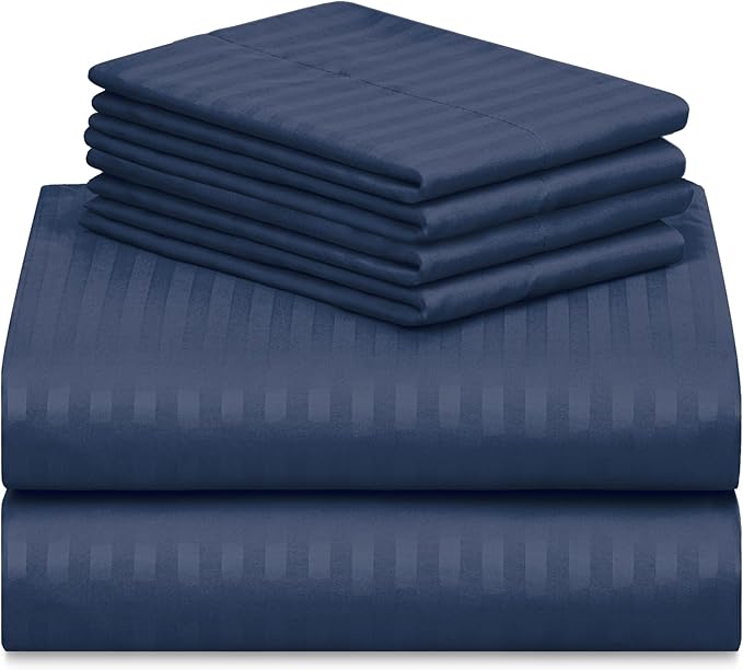 LuxClub 6 PC Cal King Size Sheet Set Bed Sheets, Breathable Luxury Bed Sheets, Deep Pockets 18" Wrinkle Free Cooling Bed Sheets Machine Washable Hotel Bedding (Cal King, Striped Navy) - LeafyLoom