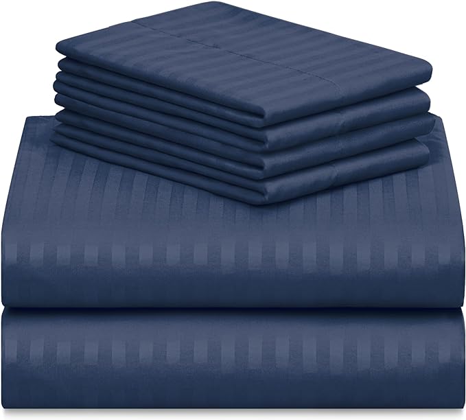 LuxClub 6 PC Queen Size Sheet Set Bed Sheets, Breathable Luxury Bed Sheets, Deep Pockets 18" Wrinkle Free Cooling Bed Sheets Machine Washable Hotel Bedding (Queen, Striped Navy) - LeafyLoom