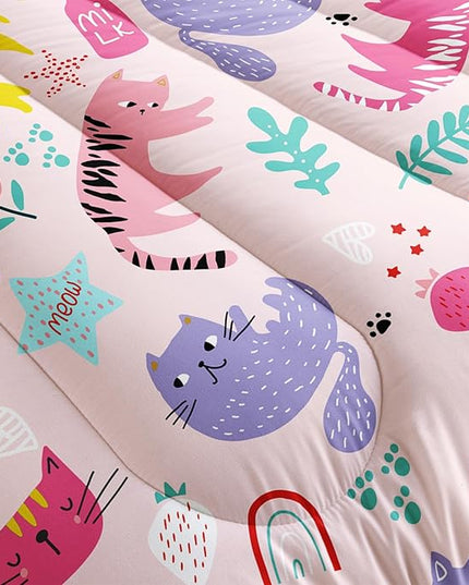 Kawaii Cats Comforter King Size,Pink Cats Kids Comforter Set,3Pcs Bedding Set Printed Comforter with 2 Pillowcases,Down Alternative,Soft and Lightweight,for All Seasons - LeafyLoom