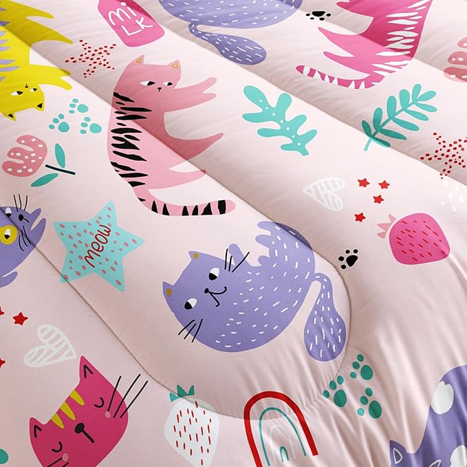 Kawaii Cats Comforter Queen Size,Pink Cats Kids Comforter Set,3Pcs Bedding Set Printed Comforter with 2 Pillowcases,Down Alternative,Soft and Lightweight,for All Seasons - LeafyLoom