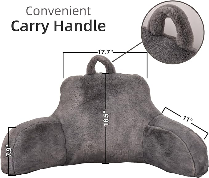 A Nice Night Faux Fur Reading Pillow Bed Wedge Large Adult Children Backrest with Arms Back Support for Sitting Up in Bed/Couch for Bedrest,Gray,Large - LeafyLoom