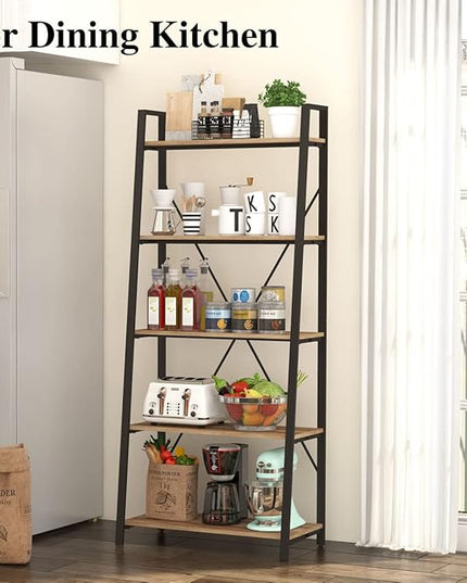 BON AUGURE Industrial 5 Tier Ladder Bookshelf, Wood and Metal Ladder Shelf Bookcase, Farmhouse Leaning Shelves for Living Room (Vintage Oak) - LeafyLoom