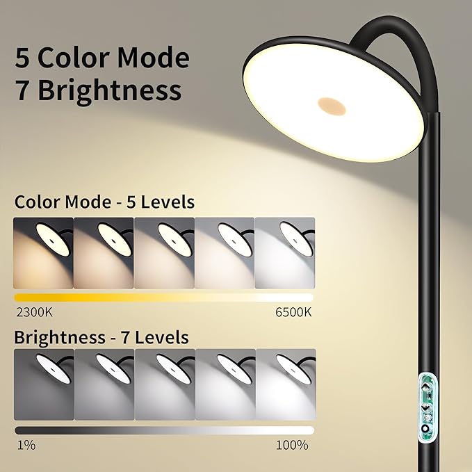 chiphy Floor Lamp, 60'' Bright Floor Lamp, 23W 2000LM Modern Floor Lamp, Dimmable 2300K-6500K Flexible Gooseneck with Remote Standing Lamp for Living Room Bedroom Office Reading Crafting Work Light - LeafyLoom