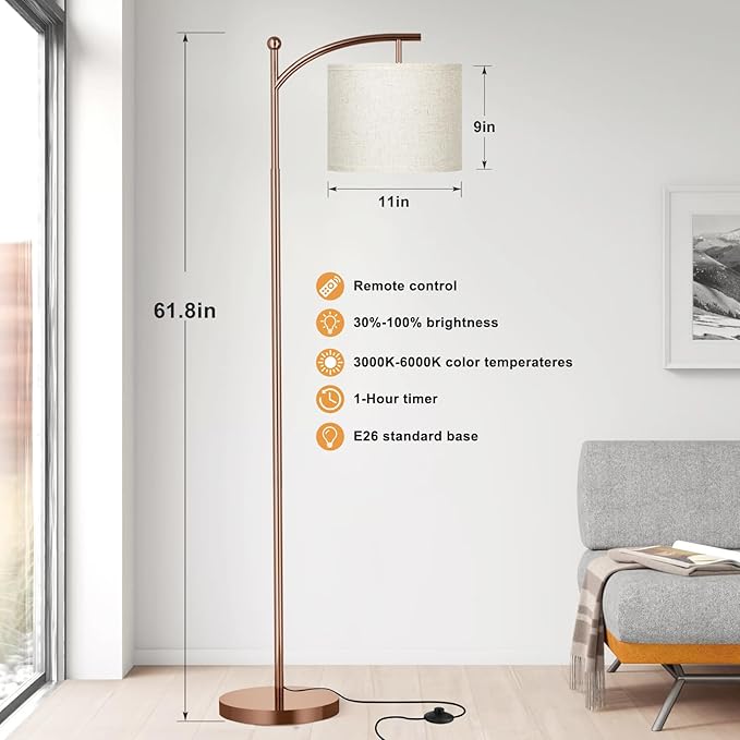 Ambimall Floor Lamp with Remote Control and Stepless Dimmable Bulb, Colors Temperature & Brightness Adjustable, Modern Floor Lamps for Living Room（Beige Shade & Brown Pole） - LeafyLoom