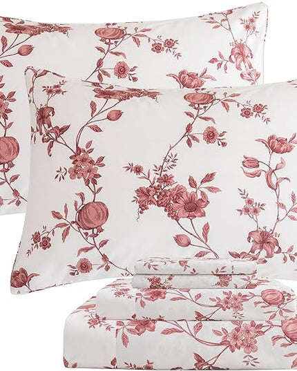 QSH Floral Queen Size Sheet Sets - 100% Egyptian Cotton Sheets Elegant Red Roses Flower Pattern Printed Bedding Sheets Queen Size Bed Extra Soft and Breathable 4pcs Deep Pockets Bed Sheets - LeafyLoom