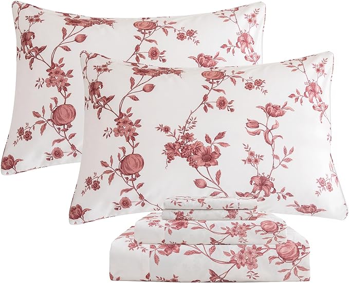 QSH Floral Queen Size Sheet Sets - 100% Egyptian Cotton Sheets Elegant Red Roses Flower Pattern Printed Bedding Sheets Queen Size Bed Extra Soft and Breathable 4pcs Deep Pockets Bed Sheets - LeafyLoom