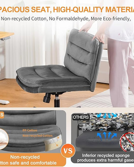 COMHOMA Criss Cross Chair with Wheels, Armless Wide Cross Legged Office Chair Mid Back, Modern Home Office Desk Chair Swivel Adjustable Vanity Computer Chair, Gray Velvet - LeafyLoom