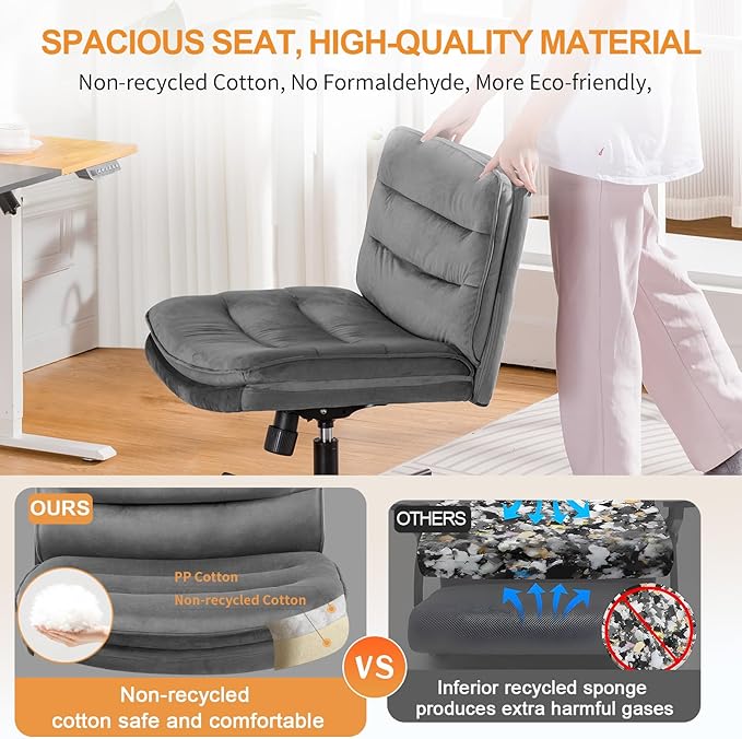 COMHOMA Criss Cross Chair with Wheels, Armless Wide Cross Legged Office Chair Mid Back, Modern Home Office Desk Chair Swivel Adjustable Vanity Computer Chair, Gray Velvet - LeafyLoom