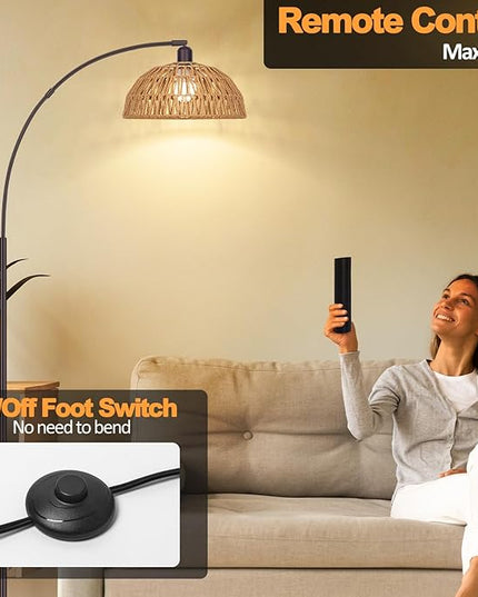 Rattan Floor Lamp- Modern Black Standing Floor Lamps with Remote Control and Stepless Dimmable Bulb, Hand-Worked Adjustable Rattan Lamp Shades Bohemian Floor Lamps for Living Room, Bedroom, Office - LeafyLoom