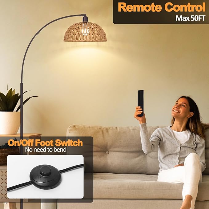 Rattan Floor Lamp- Modern Black Standing Floor Lamps with Remote Control and Stepless Dimmable Bulb, Hand-Worked Adjustable Rattan Lamp Shades Bohemian Floor Lamps for Living Room, Bedroom, Office - LeafyLoom