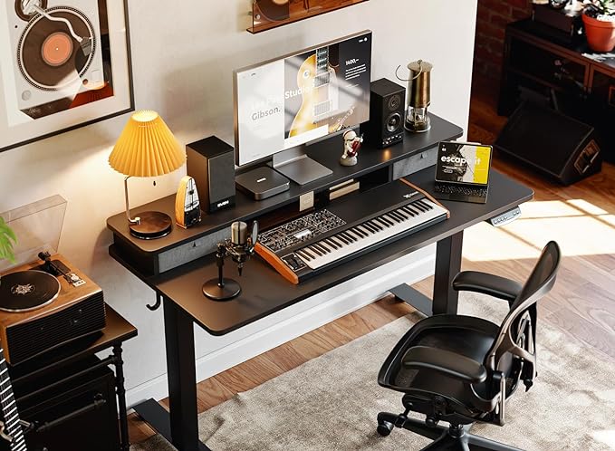 BANTI 40x24 Inch Electric Standing Desk with Double Drawers, Adjustable Height Stand Up Desk, Sit Stand Home Office Desk with Storage Shelf, Black Top - LeafyLoom